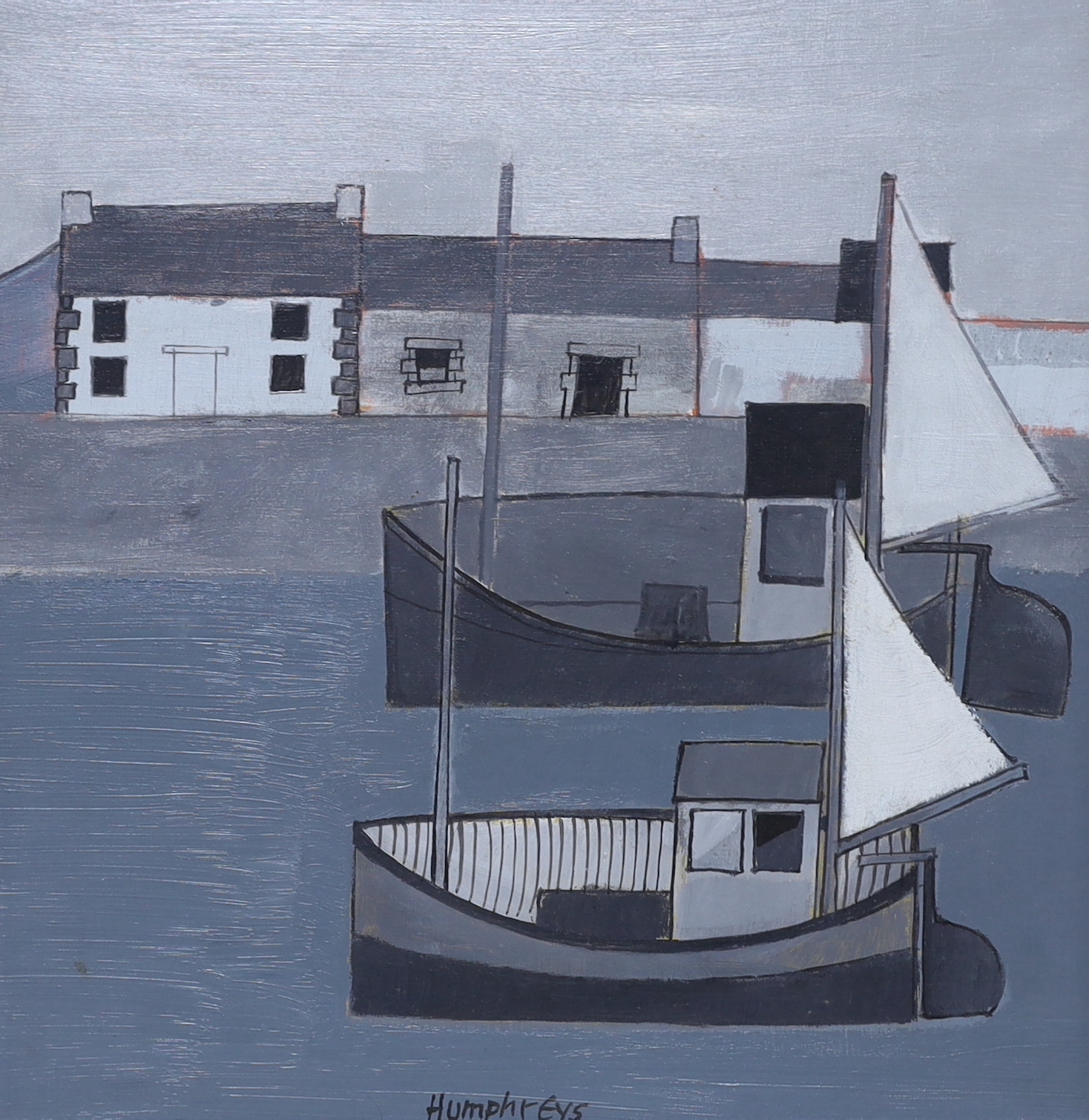 David Humphreys (b.1937), monochrome oil on board, Breton Harbour, signed, inscribed verso, 29cm x 28cm